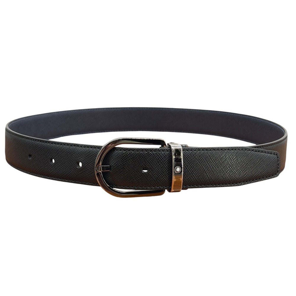 Montblanc Horseshoe Buckle Belt Mens SZ 28 Black Blue Reversible Leather Classic